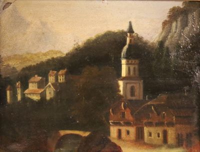 tableau représentant un village avec une église et un pont au premier plan