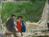 painting of a group of people walking down a path in a park