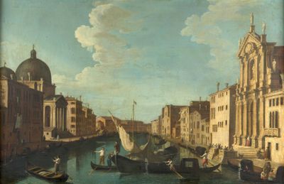 tableau représentant une vue d'un canal avec des gondoles et une église