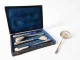 a silverware set in a case with a spoon and spoon rest