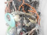 un sac contenant des bijoux assortis posé sur une surface blanche