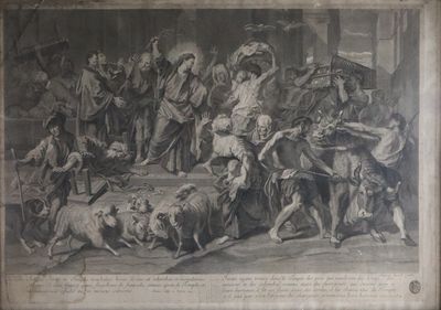 une photo d'un tableau représentant un groupe de personnes dans une grange