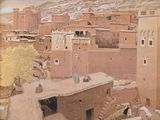 a picture of a painting of a village in the desert