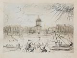 dessin représentant un bateau sur un plan d'eau, avec un bâtiment en arrière-plan