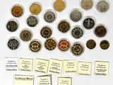 a lot of coins that are on the table