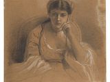 drawing of a woman sitting in a chair with her hand on her chin
