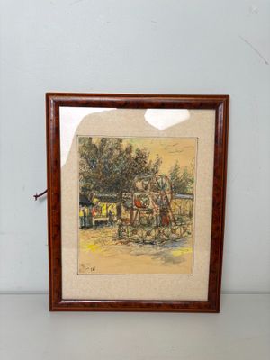 tableau encadré représentant une calèche tirée par des chevaux dans un décor champêtre