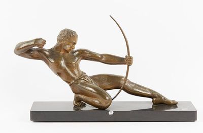 bronze statue of a man with a bow and arrow on a marble base