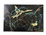 peinture abstraite représentant un cheval et un oiseau sur fond noir