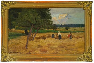 an oil painting of a group of people working in a field