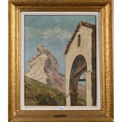 a painting of a building with a mountain in the background
