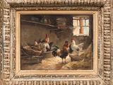 une peinture à l'huile représentant des poulets dans une grange, près d'une fenêtre