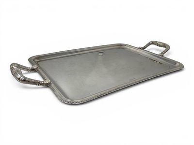 a silver tray with handles and handles on a white background