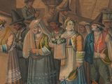 a painting of a group of people standing in front of a building