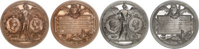 four different types of silver and bronze medals on a white background