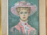 painting of a woman in a pink hat and pink dress