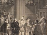 an image of a painting of a group of people standing in front of a building