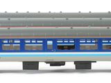 a blue and silver train car on a white background