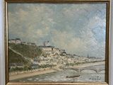 peinture d'une vue d'une ville avec un pont sur une rivière