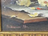 a painting of a still life of flowers and fruit on a table