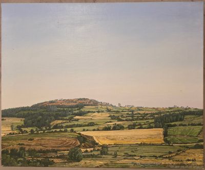 une peinture à l'huile représentant un champ avec des collines au loin