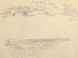 drawing of a boat in a body of water with a castle in the background