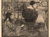 drawing of two women sitting on a bench in a park