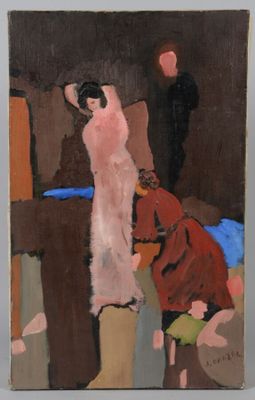 tableau représentant une femme debout devant un tableau représentant un homme