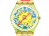 a green and yellow watch with a red second hand