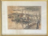 une photo d'une aquarelle représentant une scène de port