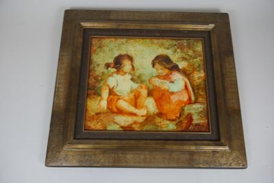 painting of two children sitting on the ground in front of a white wall