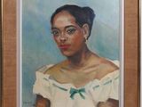 painting of a woman in a white dress with a green bow around her neck