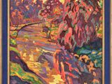 une peinture représentant une peinture d'une rivière avec des arbres en arrière-plan