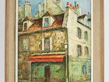 painting of a building with a red awning in front of it