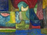painting of a painting of a woman in a blue dress and a man in a red hat