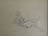 un dessin représentant un homme à cheval dans un champ
