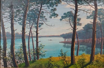 un tableau représentant une vue d'un lac à travers les arbres