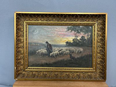 une peinture à l'huile représentant un berger avec son troupeau de moutons dans un paysage