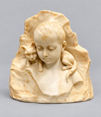 marble bust of a child with a bird on her shoulder