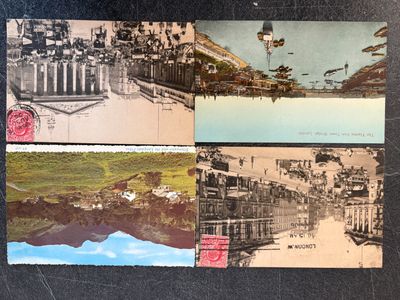 several old postcards of a city and a river on a black surface