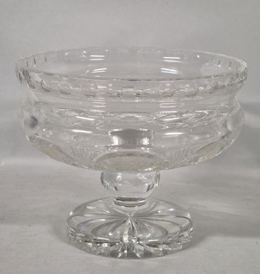 a glass bowl on a stand on a white surface