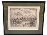 framed drawing of a view of a city from a bridge