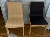 two wooden chairs sitting next to each other on the floor