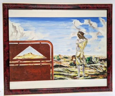 painting of a woman standing in front of a bed with a sky background