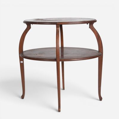 a wooden table with a marble top on a white background