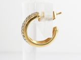 a close up of a pair of gold hoop earrings on a clear stand