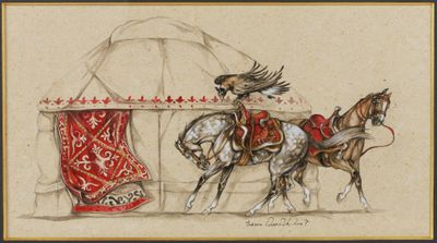 painting of a man riding a horse next to a woman on a horse