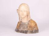 marble bust of a woman with long hair on a white background