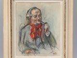 painting of an old man with a pipe on a easel