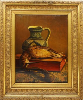 une image représentant un tableau sur lequel figurent un pichet et un panier posés sur une table